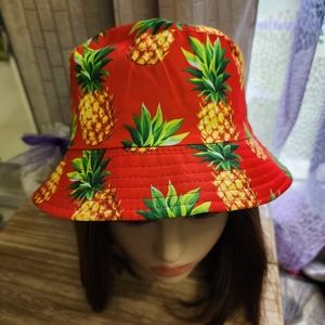 NEW & FUN Red Hawaiian Reversible Bucket Hat Pineapple Print